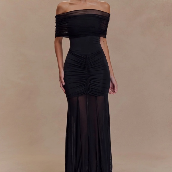 Meshki Dresses & Skirts - Meshki Caspian off the shoulder maxi mesh dress